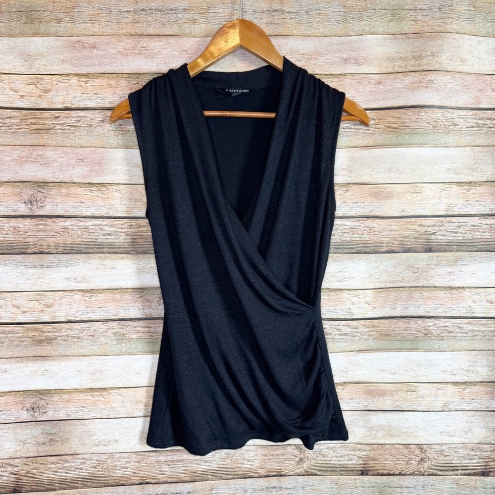 Stitch Fix 41 Hawthorn Bennie Black Ruched Faux Wrap Sleeveless Knit Top Size S